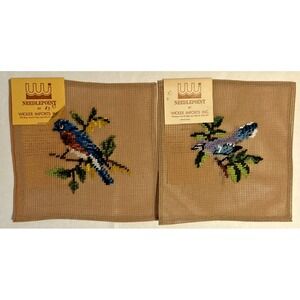 Vtg Birds Wicker Imports Unfinished Needlepoint Project#977#2X Portugal 8X8 pair